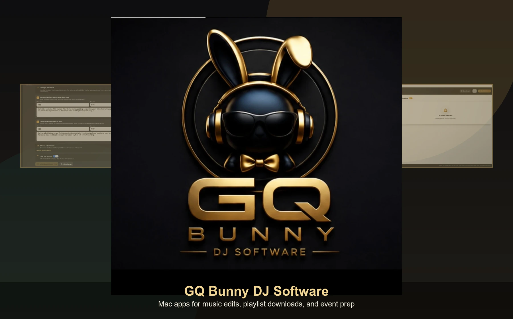GQ Bunny DJ Software logo with bunny ears, headphones, sunglasses, and large GQ lettering